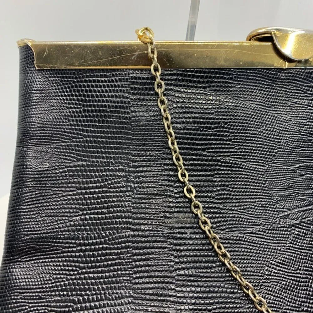 Vintage Etra Black and Brass Chain Croc Embossed Leather Purse